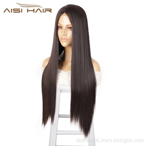 Aisi Hair 30 Inch Long Silky Straight Brown Wig Middle Part Swiss Lace Wigs Synthetic Lace Front Hair Wigs For Black Women